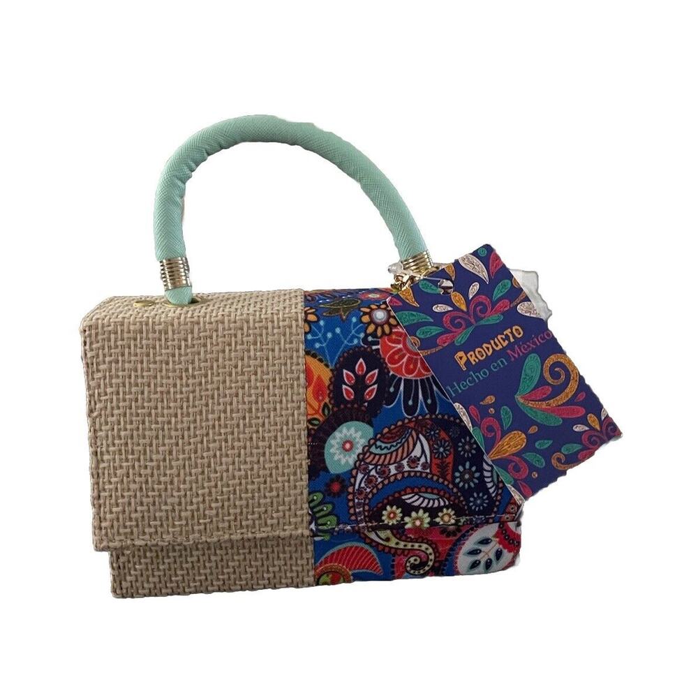 Mexico Handmade Small Mini Cross Body Purse Artisan Bag Tan Blue Floral